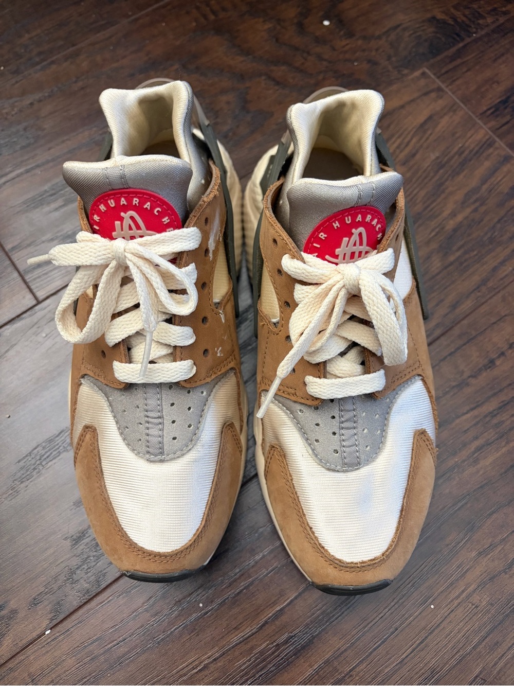 Nike Air Huarache Stussy Sneakers in Tan, Gray, White with Red Logo, Size 6